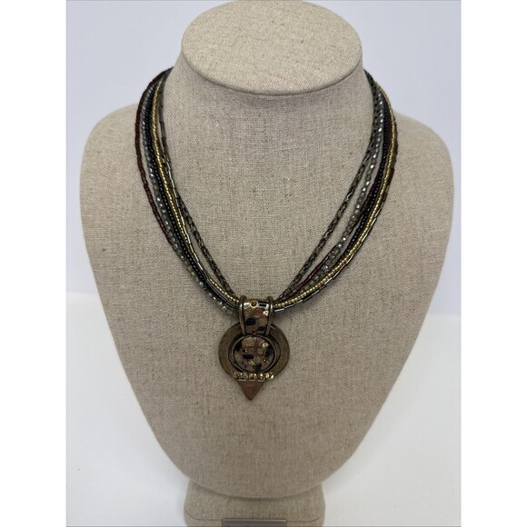 Chico's Multi Strand Beaded and Crystal Enamel Bronze Pendant Necklace - Picture 1 of 7